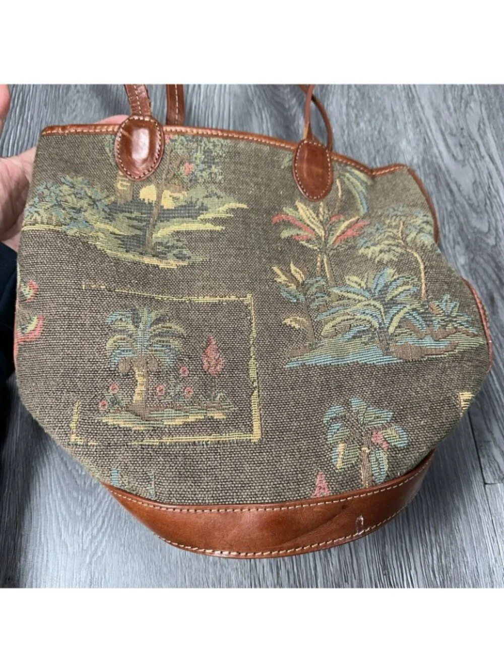 Tommy Bahama Vintage Handmade Tropical Palm Trees Canvas Round Leather Bag